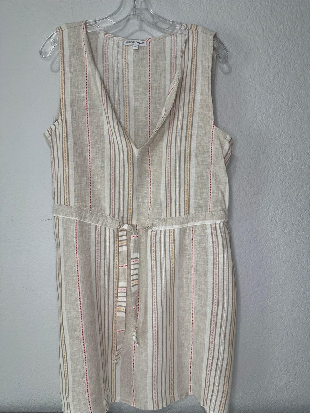 Spirit of Grace Striped Linen Blend Sleeveless Dress with Tie Waist Large